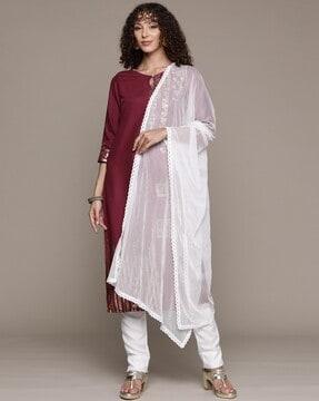 women foil print straight kurta with pants & dupatta set