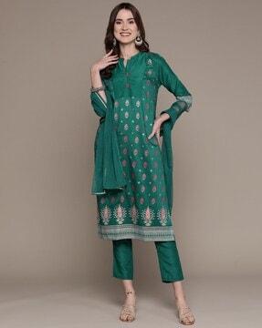 women foil print straight kurta with pants & dupatta set