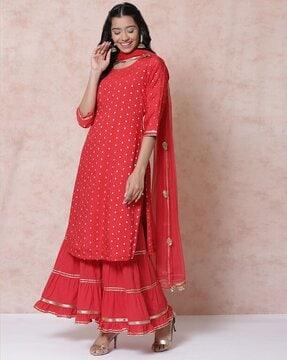 women foil print straight kurta with sharara & dupatta