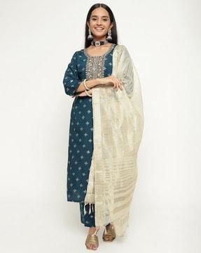 women foil printed straight kurta with pants & dupatta set