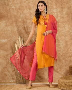 women foil printed straight kurta with pants & dupatta set