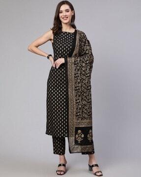 women foil printed straight kurta with pants & dupatta set