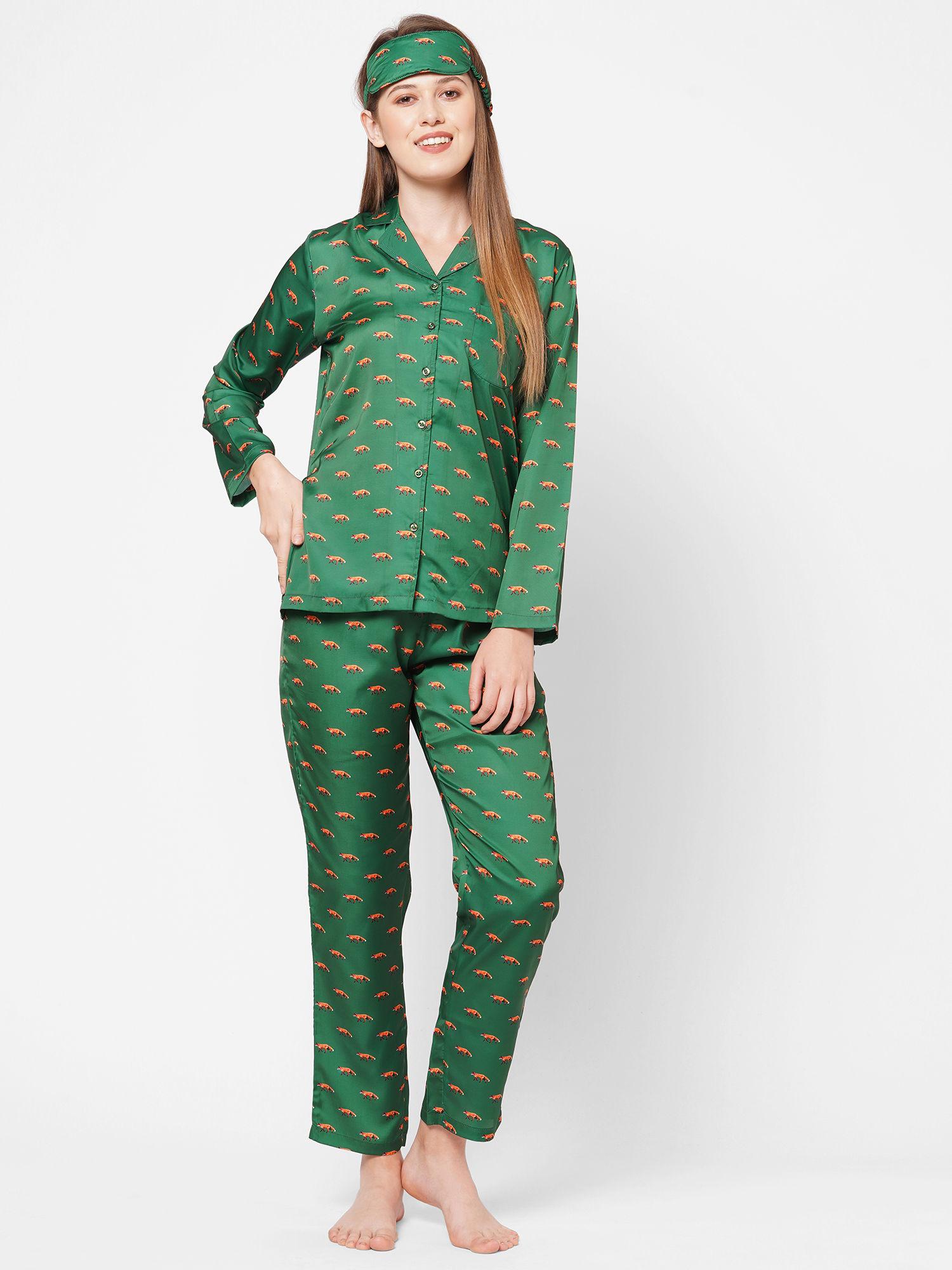 women fox print satin night suit - green