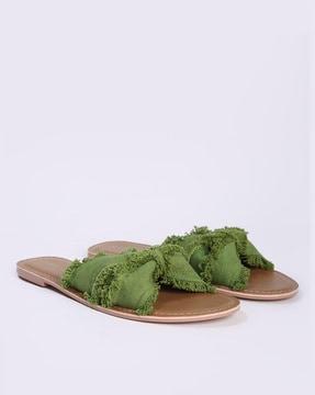 women frayed fringe slip-on flat sandals