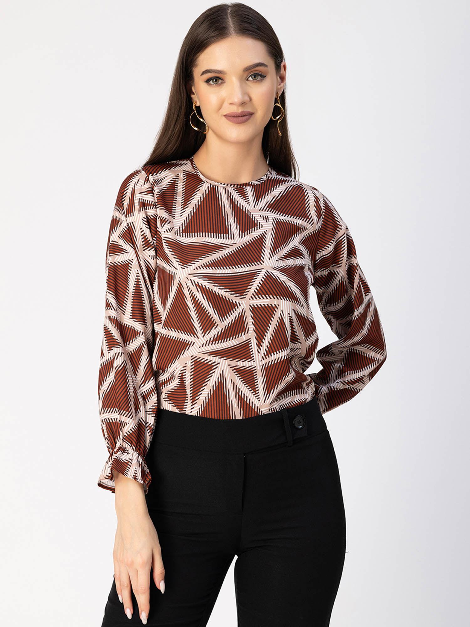 women free fit georgette geometric brown top