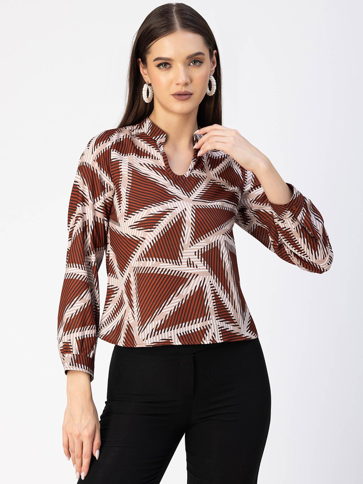 women free fit georgette geometric brown top