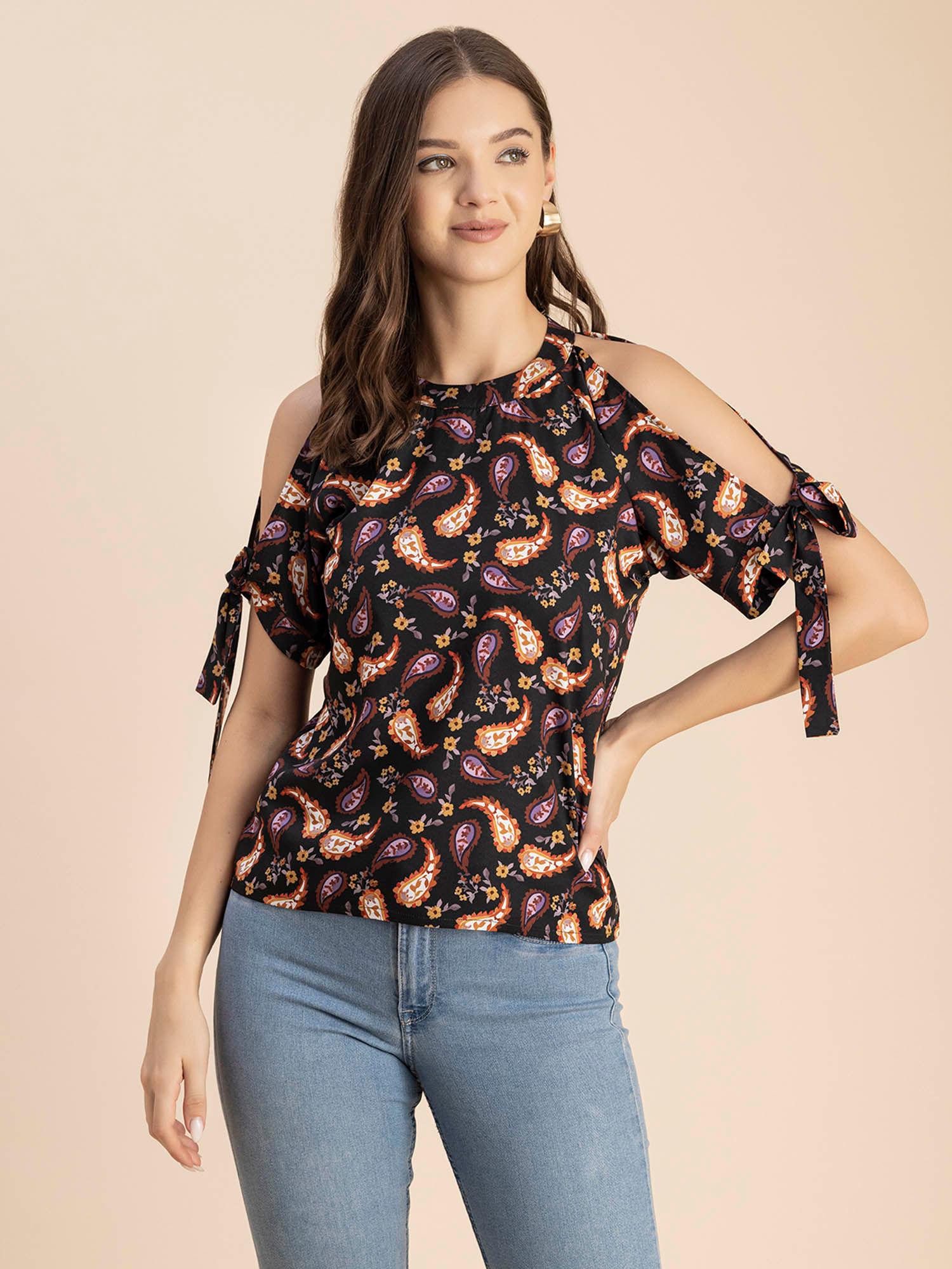 women free fit polyester paisley black top