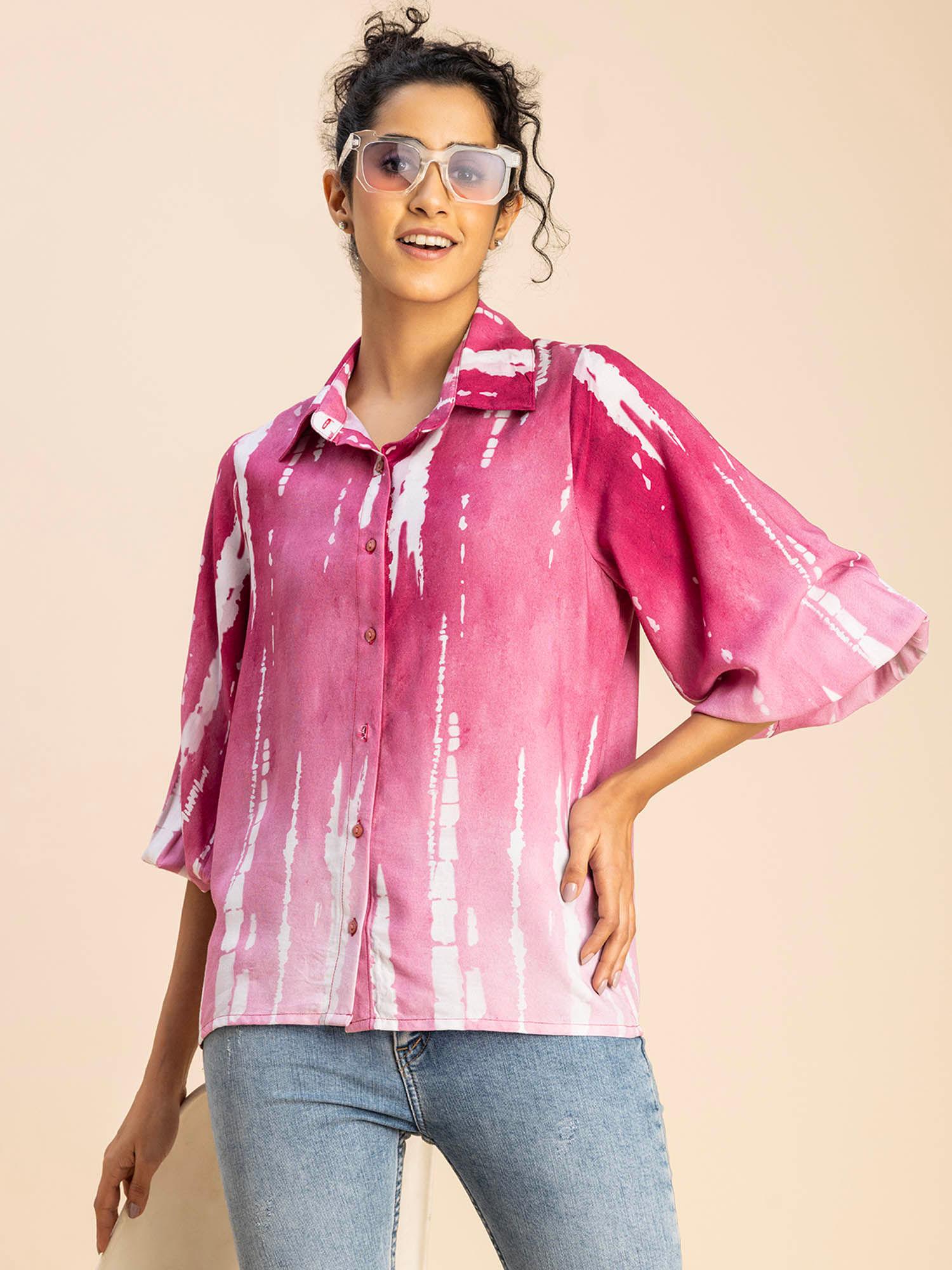 women free fit rayon tie & dye magenta shirt