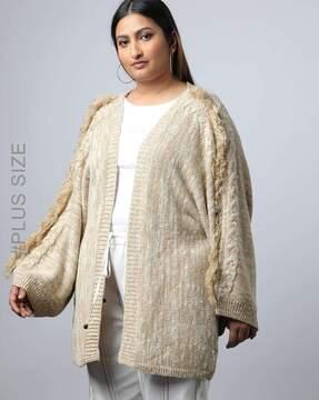 women fringed shrug with cable knit