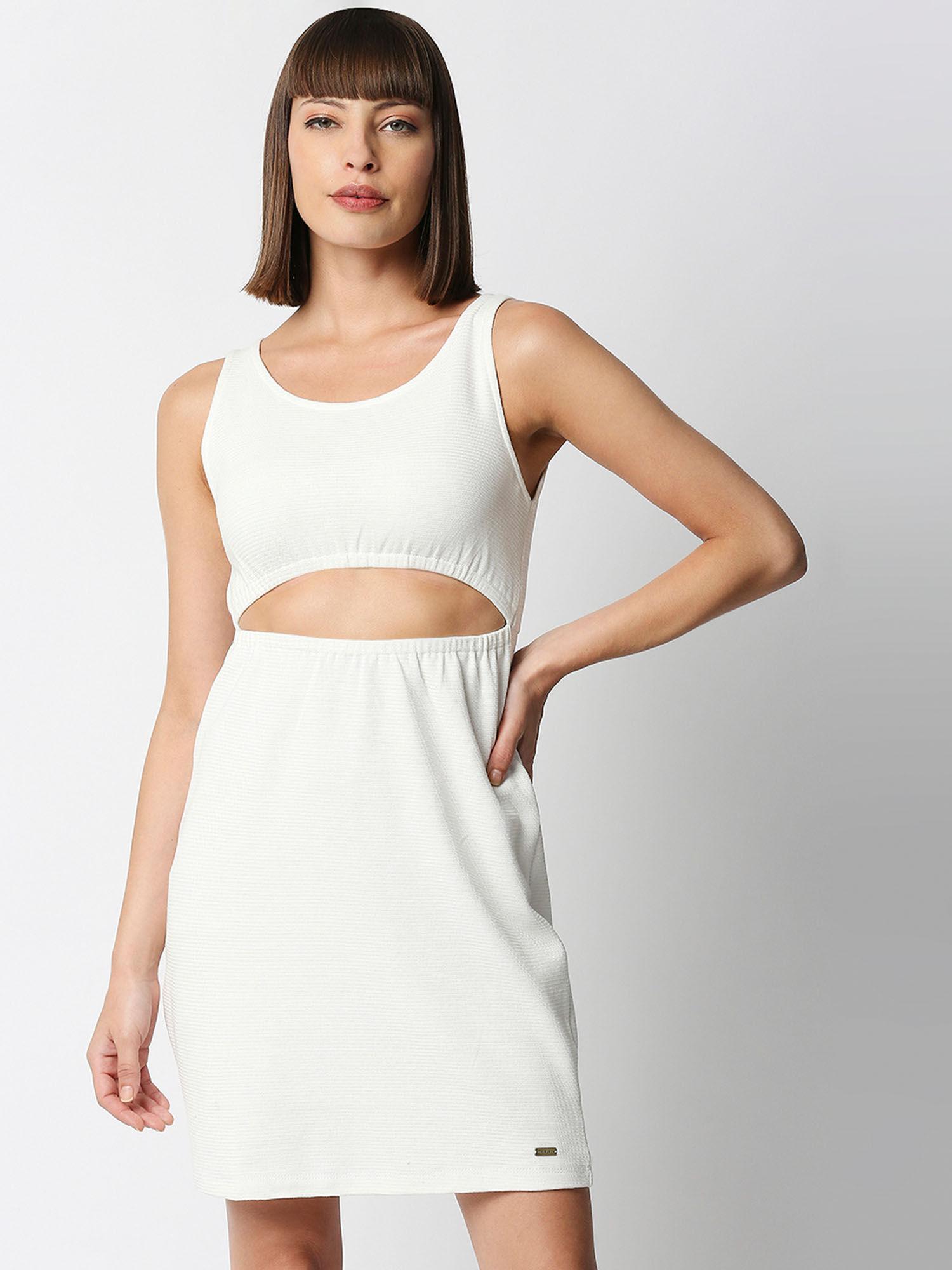 women front cut-out white regular fit dress in jacquard