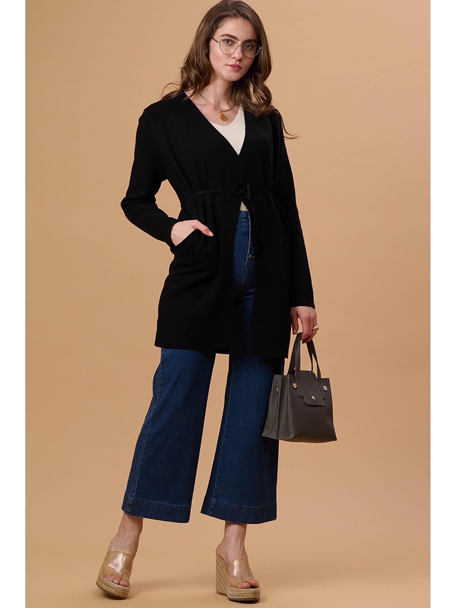 women front open long full sleeves acrylic fabric black cardigan