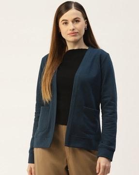 women front-open regular fit shrug with patch pockets