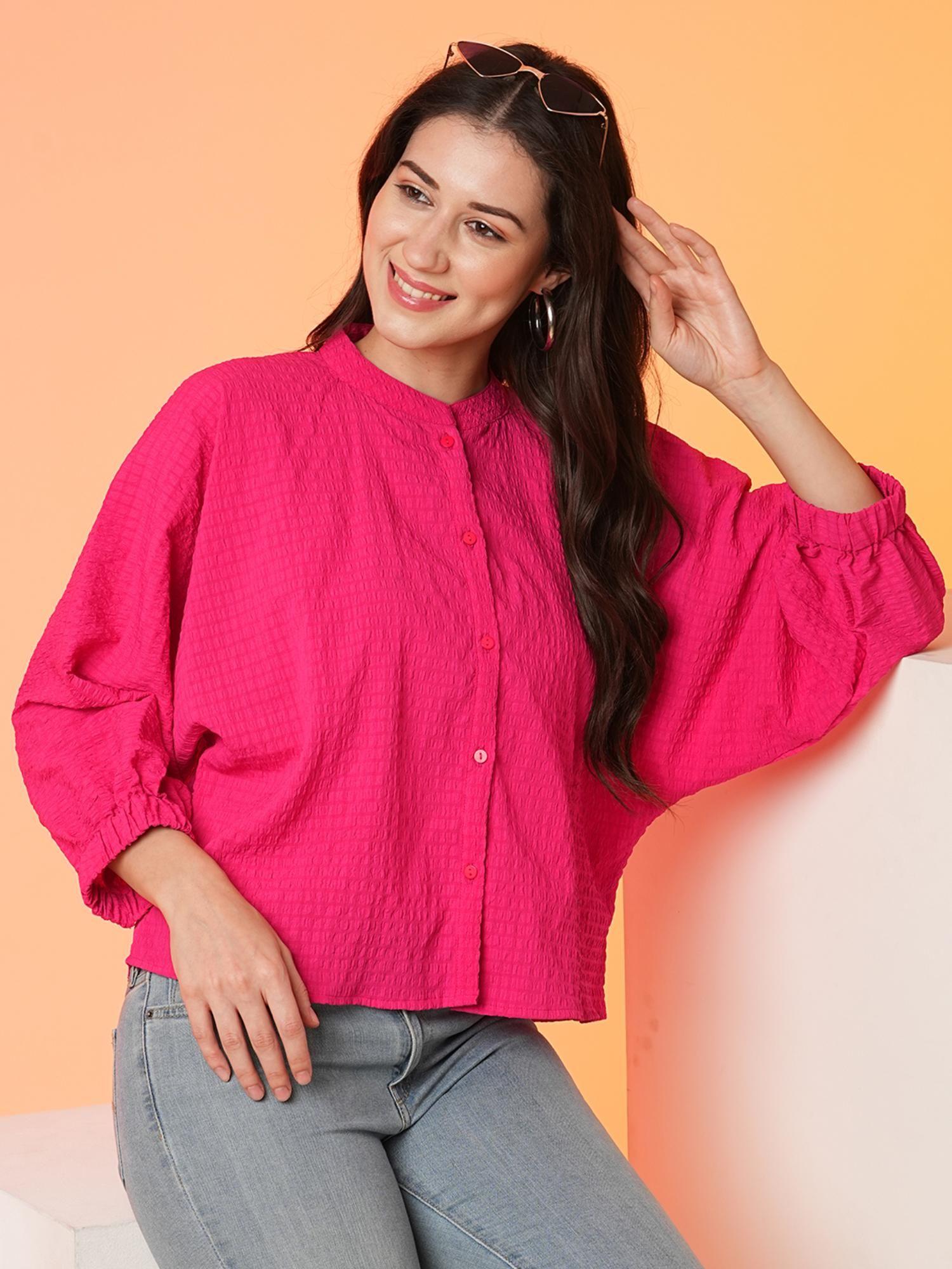 women fuchsia mandarin collar batwing sleeves structured shirt style top