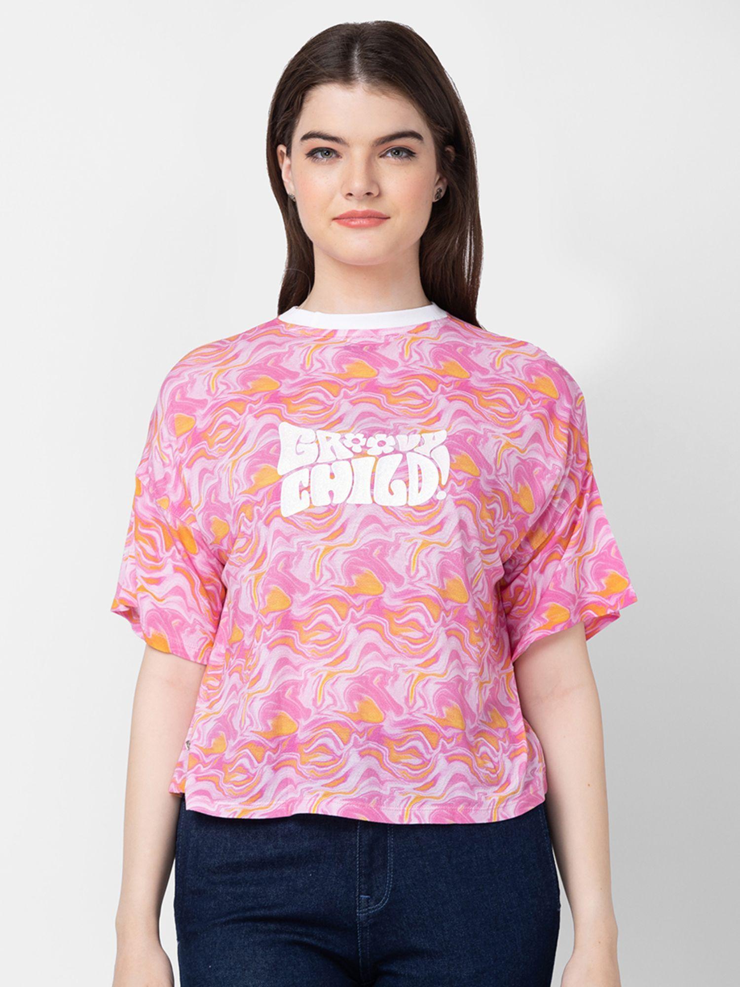 women fuchsia pink cotton regular fit printed t-shirt