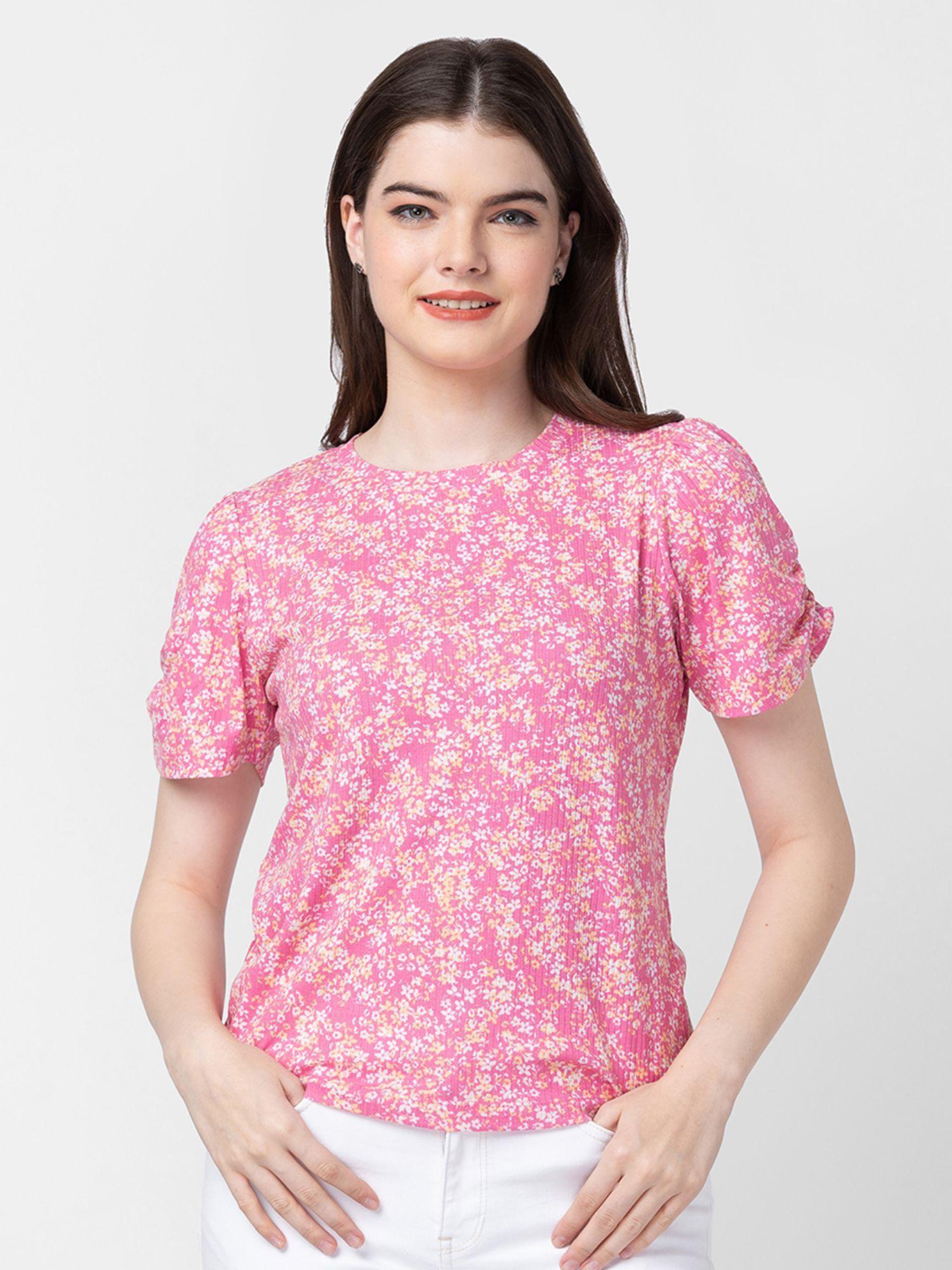 women fuchsia pink cotton slim fit floral top