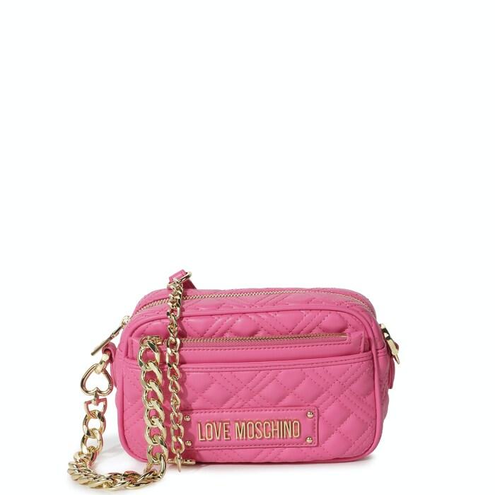 women fuchsia quilted lm lettering small camera crossbody bag