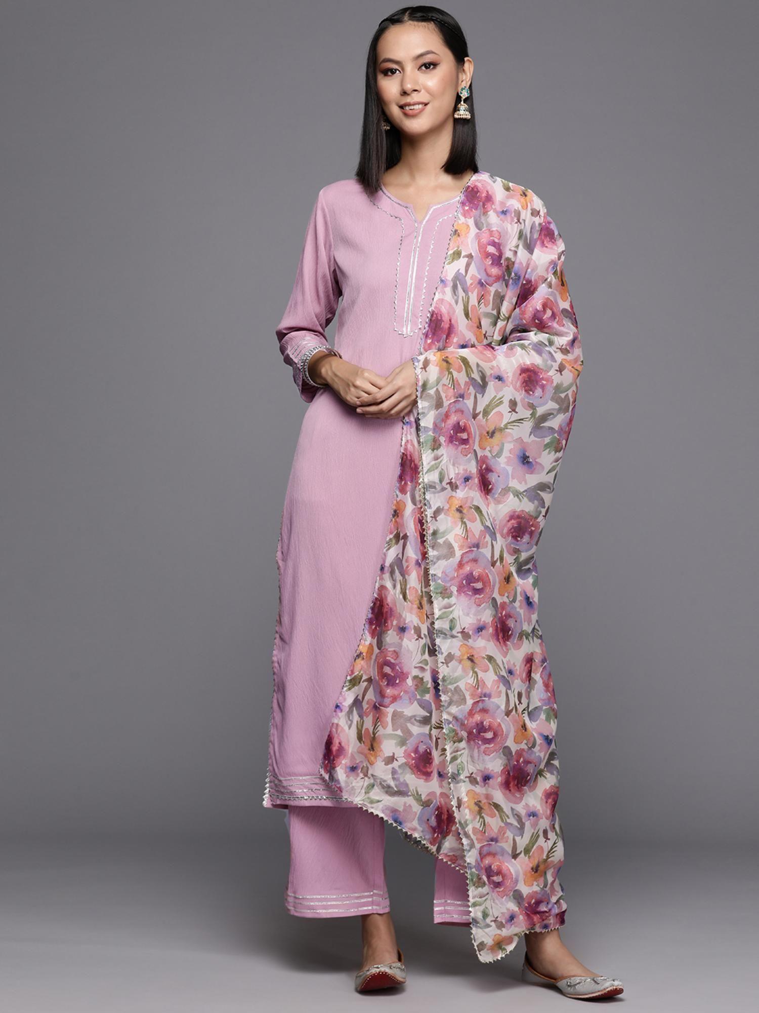 women fuchsia solid kurta and pant with dupatta (set of 3)