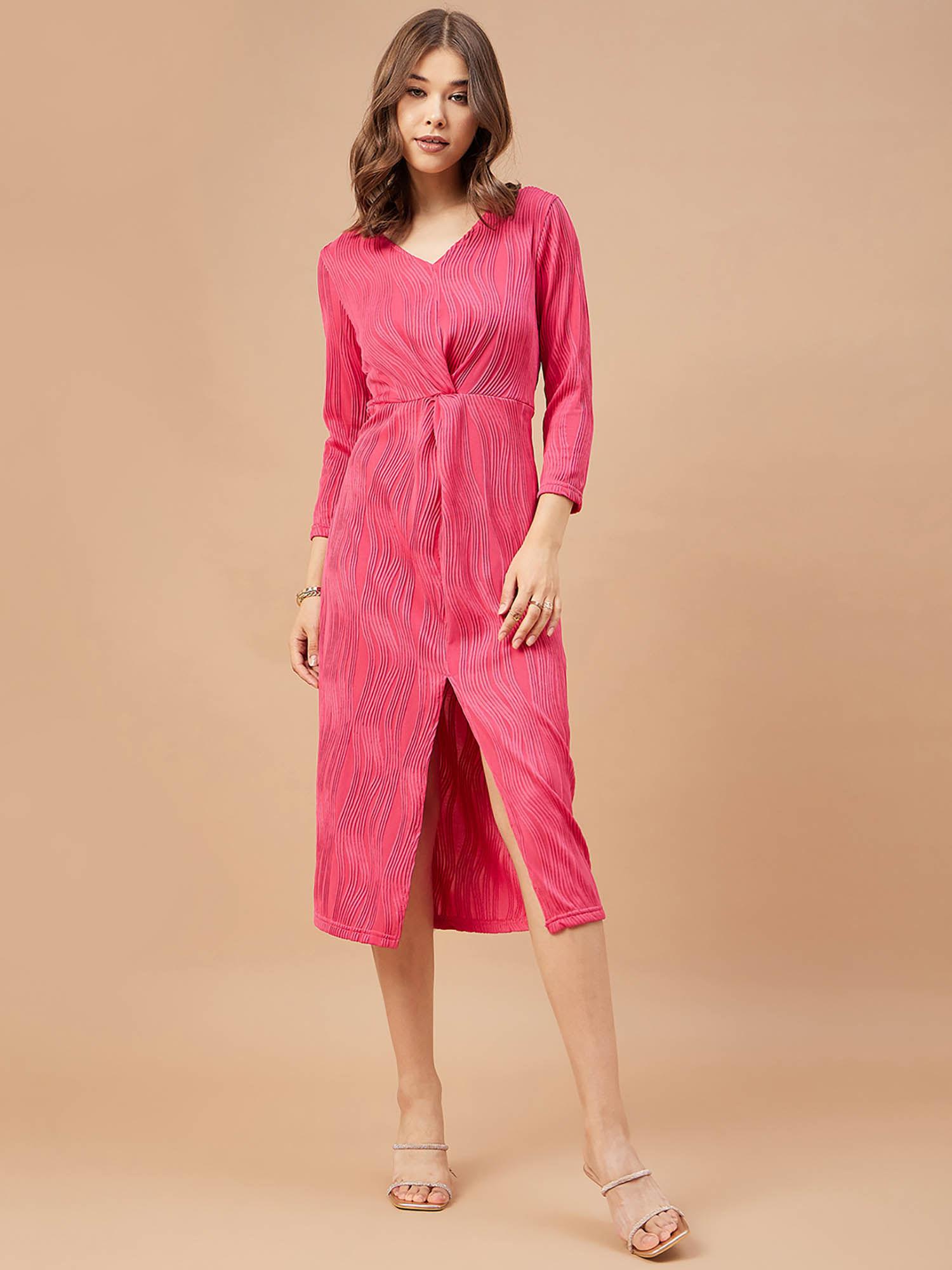 women fuchsia solid polyester flutter sleeve v neck dress