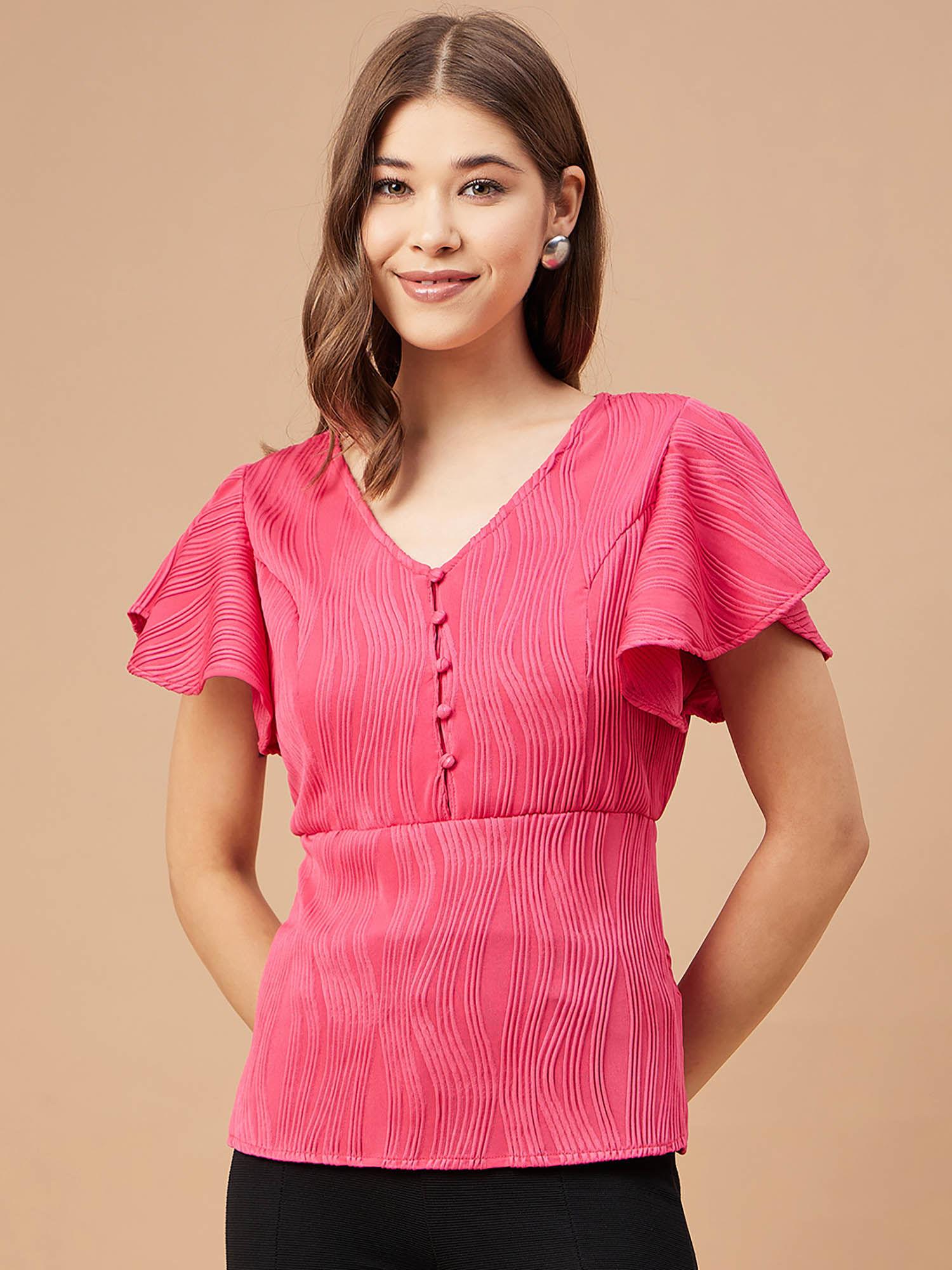 women fuchsia solid polyester flutter sleeve v neck top