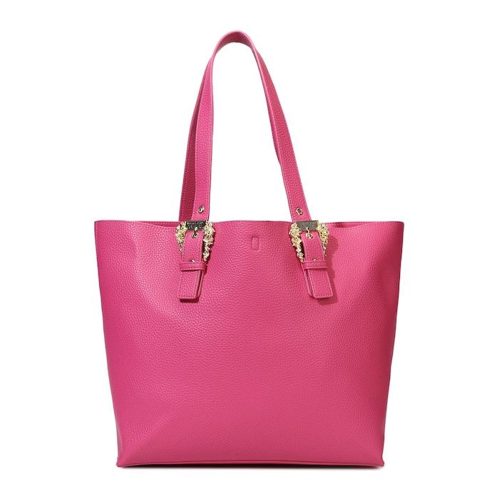 women fuchsia solid pu tote bag with buckles on handles