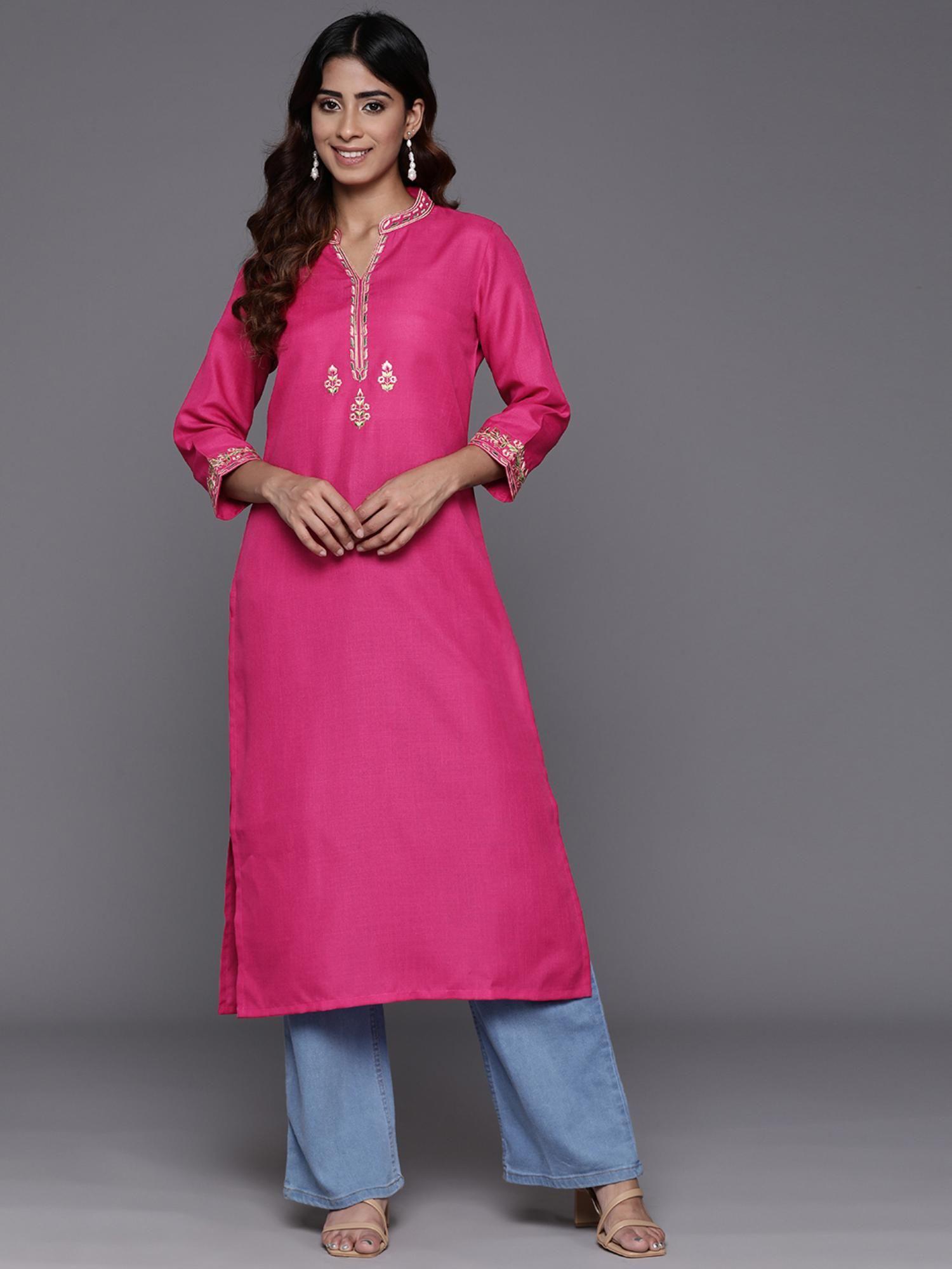 women fuchsia thread embroidered kurta