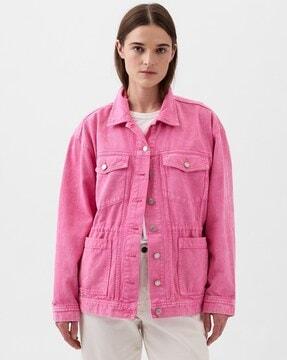 women full-sleeve denim jacket with clinched waist