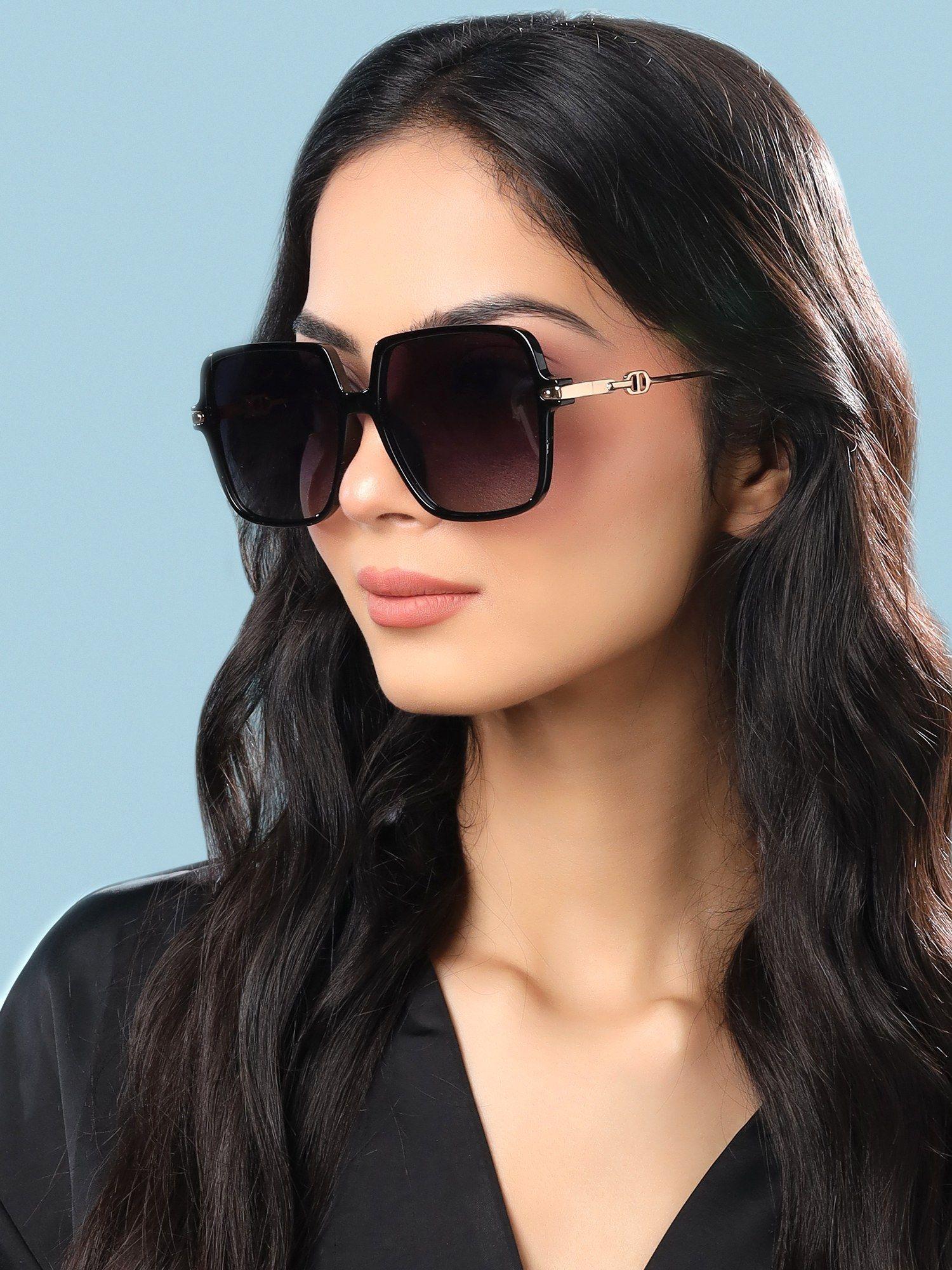 women full uv protected black lens square sunglasses