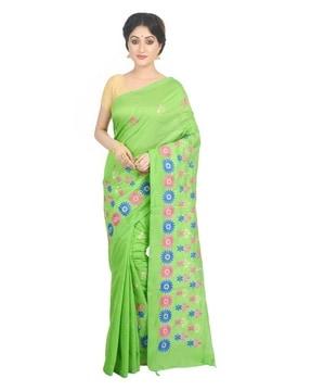 women gach floral embroidered cotton saree