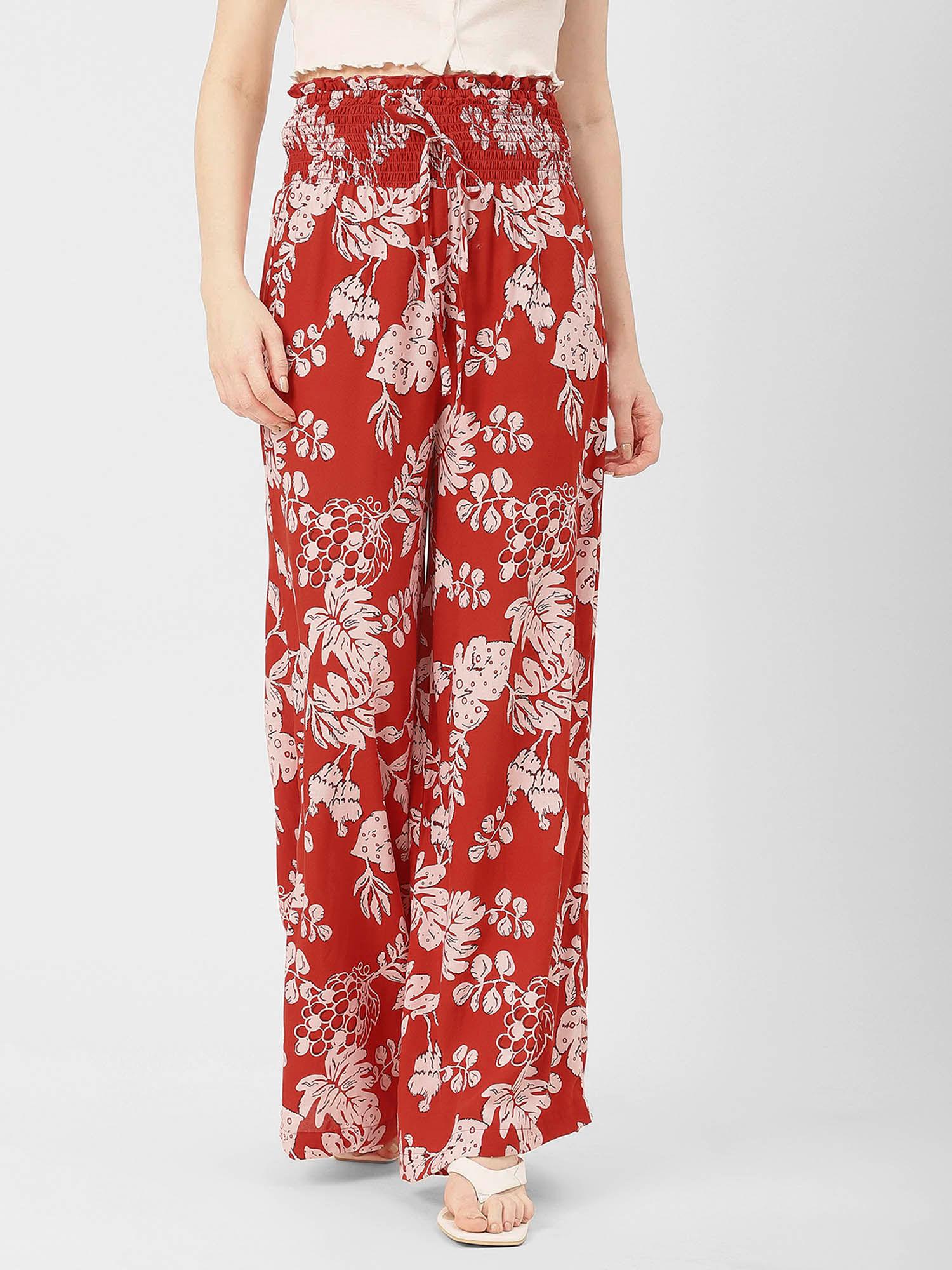 women gathered fit rayon floral red palazzo