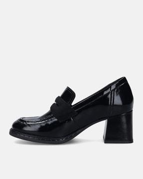 women genuine leather block-heeled pumps