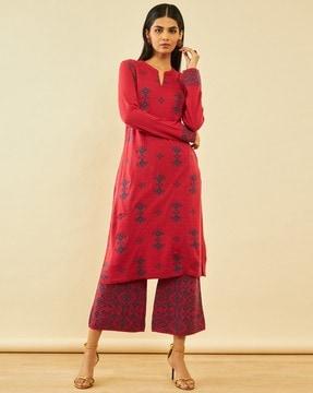 women geometric-knit straight kurta & pants set