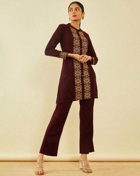 women geometric-knit straight kurta & pants set