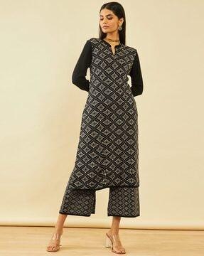 women geometric-knit straight kurta & pants set