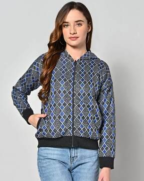 women geometric-knit zip-front hooded cardigan