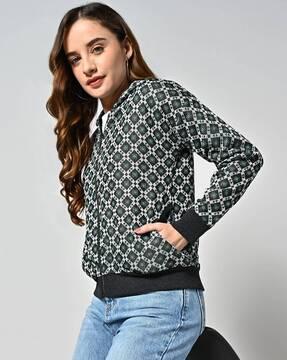 women geometric-knit zip-front hooded cardigan