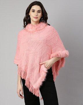 women geometric pattern poncho with fringes