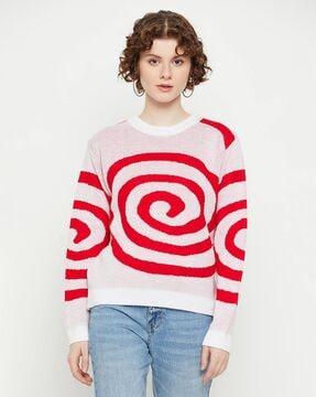women geometric pattern pullover with ribbed hem