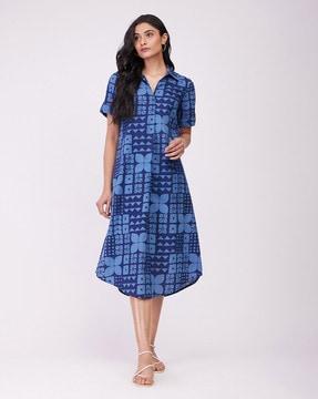 women geometric print a-line dress with short sleeves