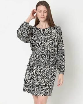 women geometric print a-line dress with tie-up