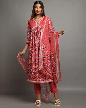 women geometric print anarkali kurta set with dupatta