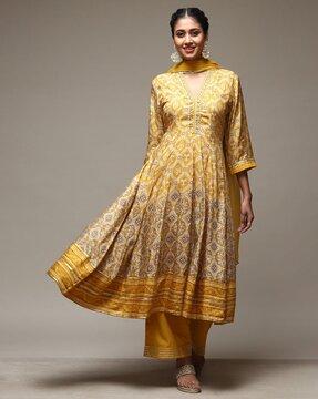 women geometric print anarkali kurta with churidar pants & dupatta