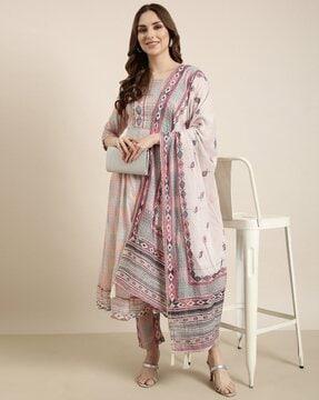 women geometric print anarkali kurta with pants & dupatta