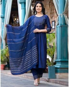 women geometric print anarkali kurta with pants & dupatta