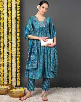 women geometric print anarkali kurta with pants & dupatta