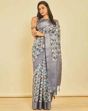 women geometric print chanderi saree with tassels