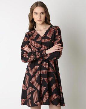 women geometric print fit & flare dress