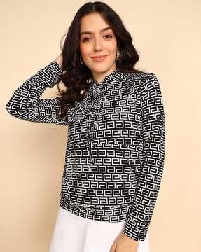 women geometric print hoodie with kangaroo pocket