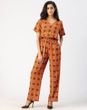 women geometric print jumpsuit with insert pockets