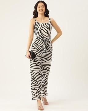 women geometric print jumpsuit with waist tie-up