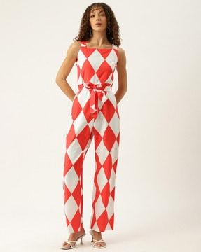 women geometric print jumpsuits with zip closure